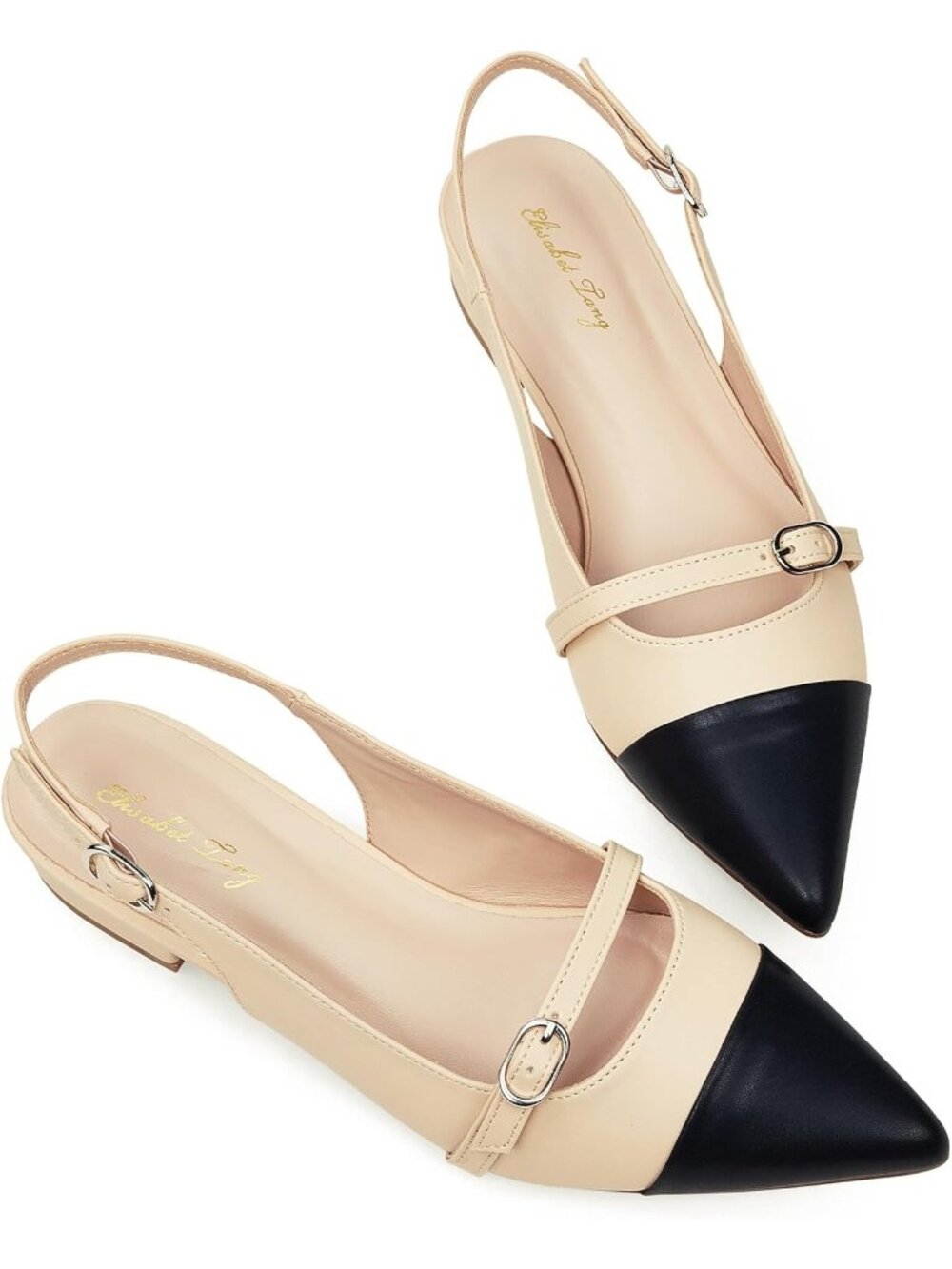 Women's Black Nude Leather Slingback Flats Rhinestone Closed Pointed Toe Shoes
